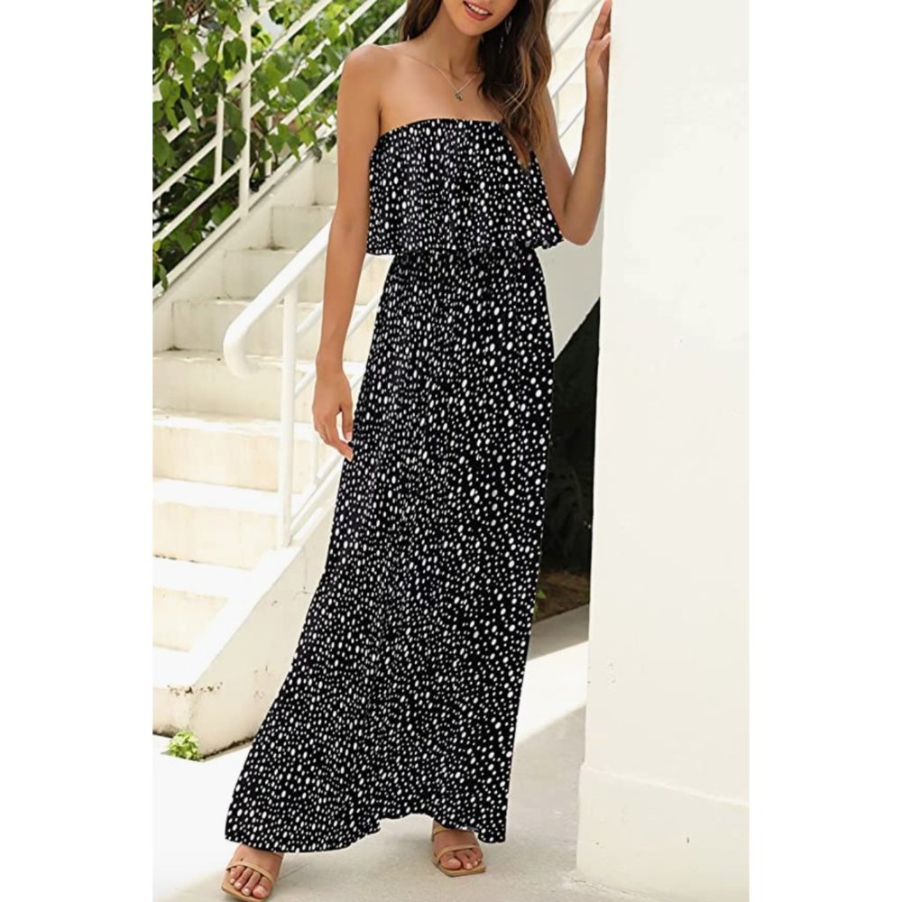 Boho Polka Dot Printed Ruffle Strapless Flowy Long Summer Maxi Dress - Picture 3 of 6